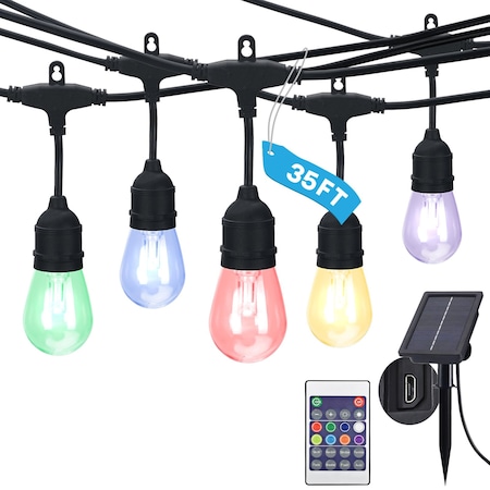 Luxrite 35FT RGBW LED Solar Outdoor String Light Remote Control Color Changing 15 Edison S14 Bulbs IP65 LR40039-1PK
